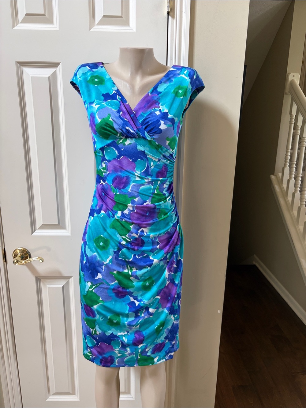 Lauren Ralph Lauren Blue, Purple and Green Floral fauxWrap Ruched side Dress, 6